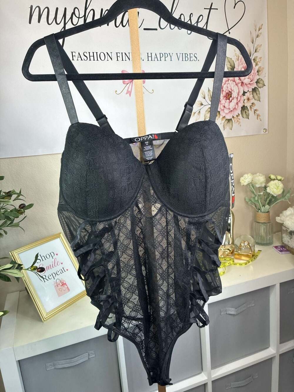 OPPA! Black Lace and Mesh Underwire Bodysuit with Strappy Detail, Size 3X